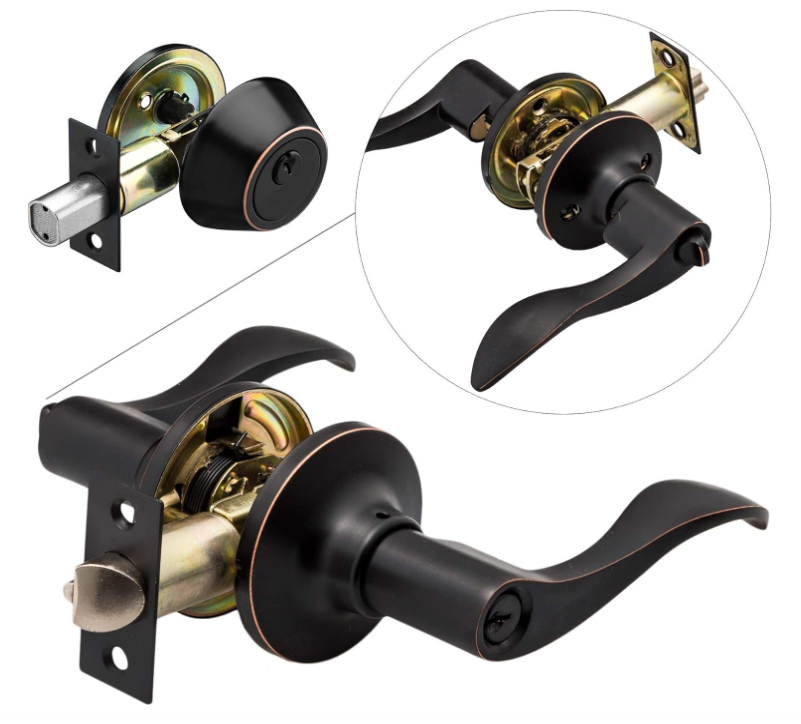 Entrance Lever Door Handle, Reversible for Right and Left Side and a Single Cylinder deadbolt Set Keyed Alike Combo Pack