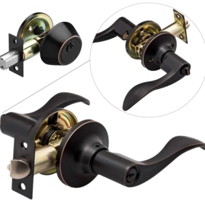 Entrance Lever Door Handle, Reversible for Right and Left Side and a Single Cylinder deadbolt Set Keyed Alike Combo Pack