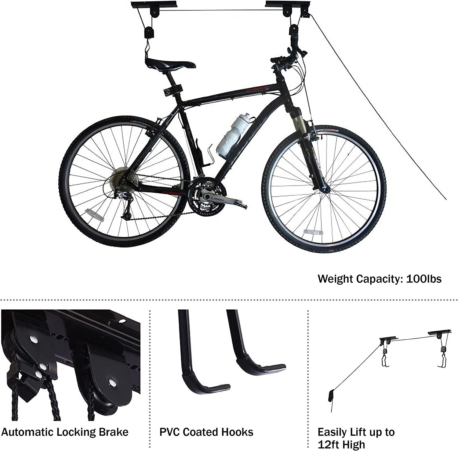 Bike Hanger  Overhead Pulley System with 100lb Capacity for Bicycles or Ladders  Secure Garage Ceiling Storage