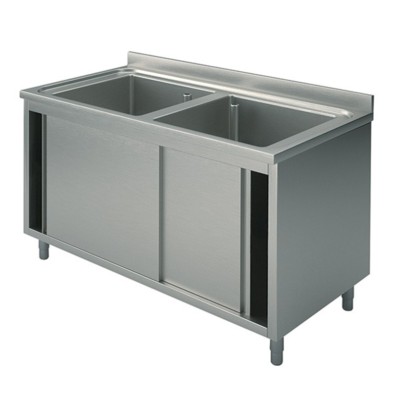 Stainless steel kitchen double basin sinks cabinet with workbench