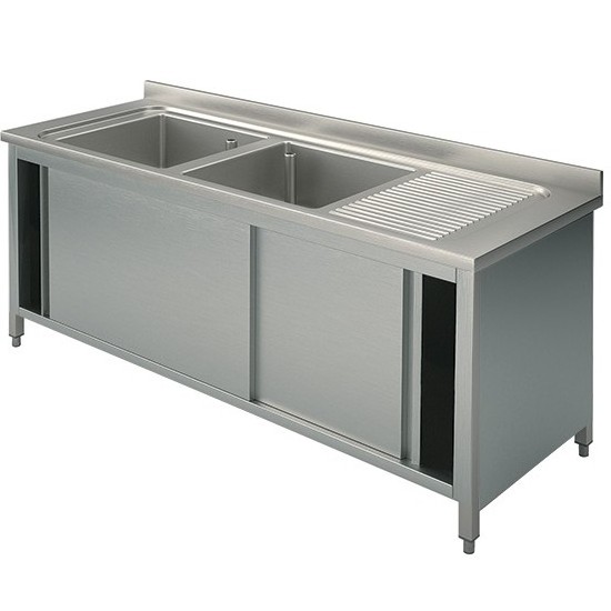 Stainless steel kitchen double basin sinks cabinet with workbench