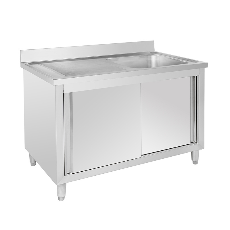 Stainless steel kitchen double basin sinks cabinet with workbench