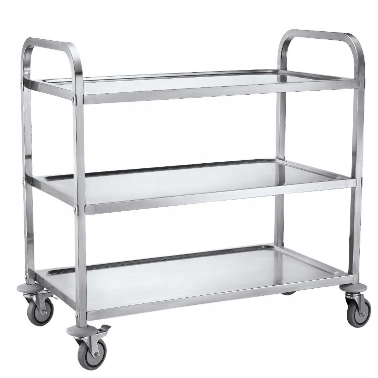 Hot Sale Stainless Steel 3 Tiers Square Tube 304 Service Food Trolley Cart With Wheels