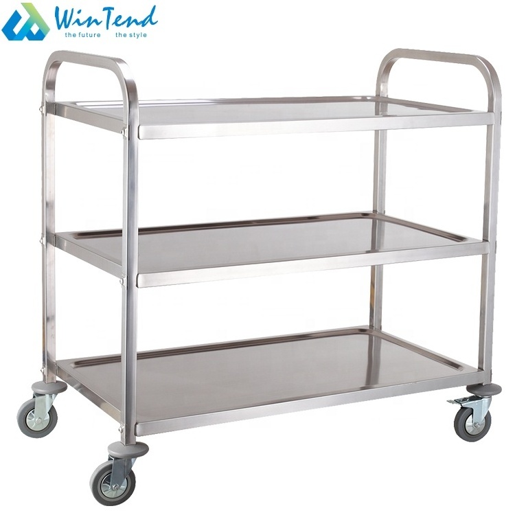 Hot Sale Stainless Steel 3 Tiers Square Tube 304 Service Food Trolley Cart With Wheels