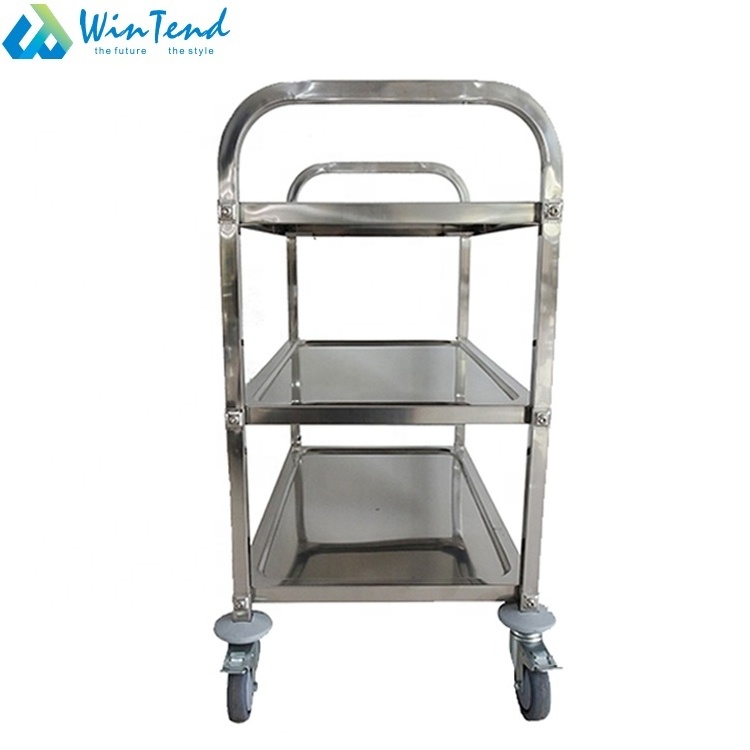 Hot Sale Stainless Steel 3 Tiers Square Tube 304 Service Food Trolley Cart With Wheels