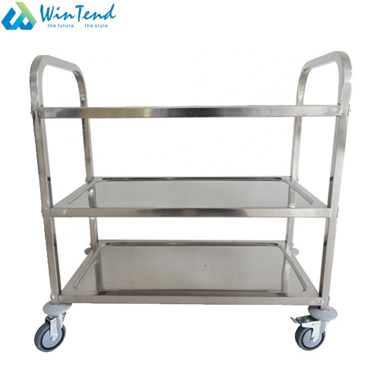 Hot Sale Stainless Steel 3 Tiers Square Tube 304 Service Food Trolley Cart With Wheels