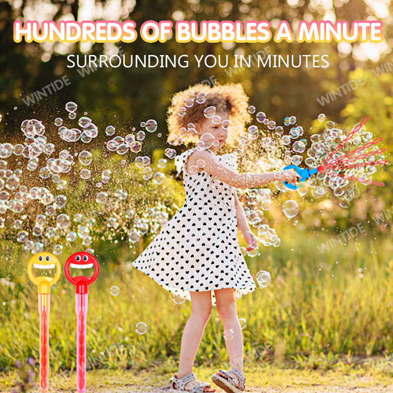 WANNA BUBBLES OEM ODM Wholesale kids outdoor bubble blower toys 32 hole smiling face soap bubble Wand  Stick outdoor toys