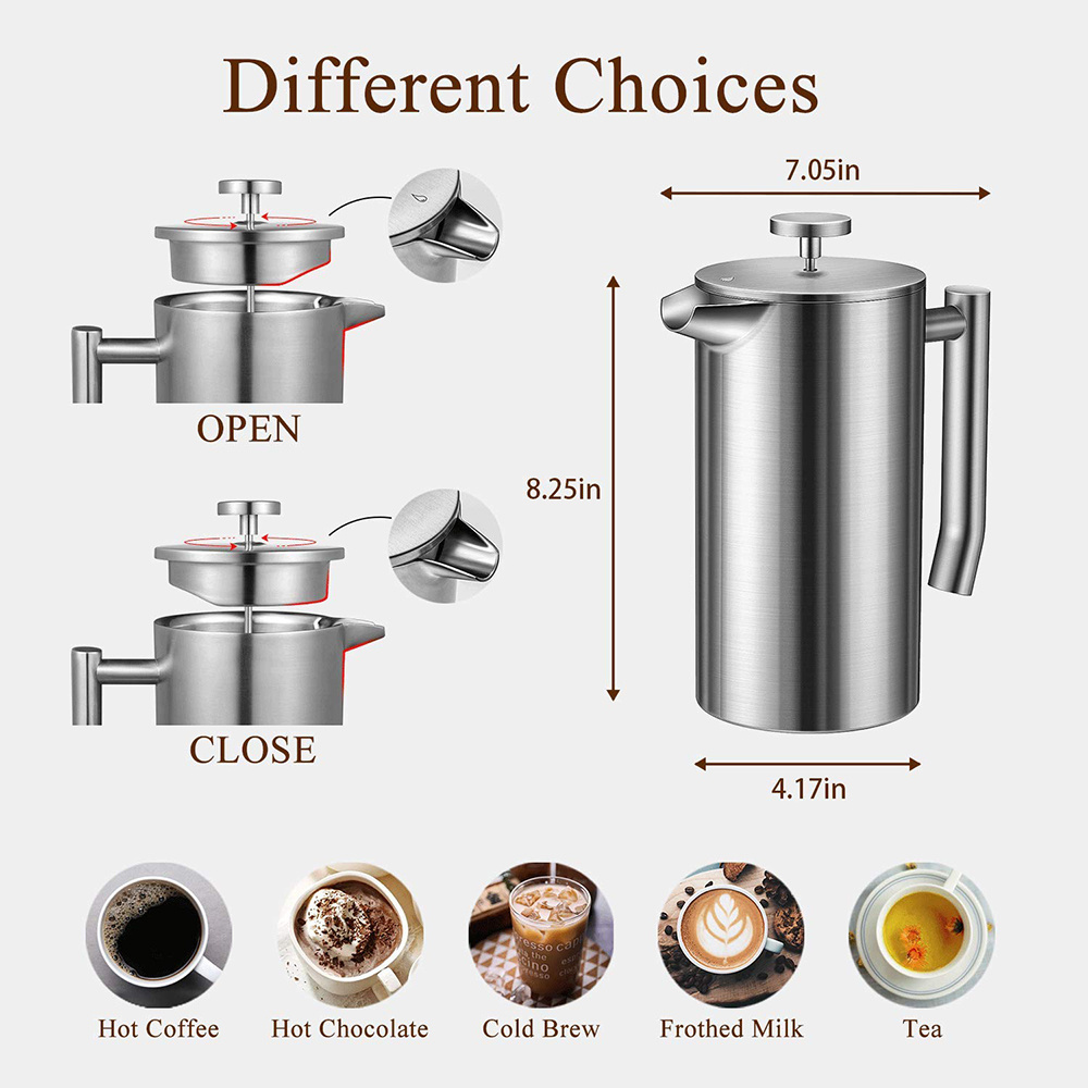 Double Wall Insulated Coffee Tea Maker 1000ml 34oz Stainless Steel French Press Coffee Maker