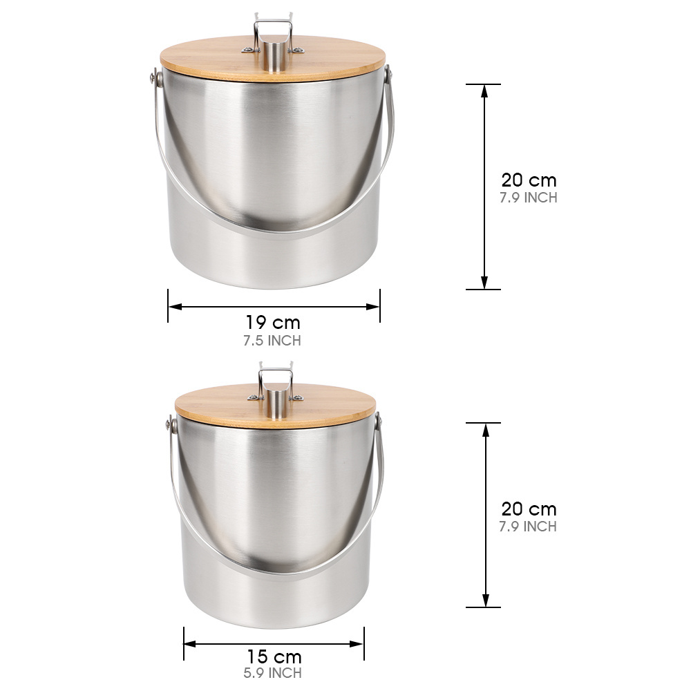 Custom Double Wall 3L Stainless Steel Insulated Ice Bucket With Bamboo Lid and Ice Tongs