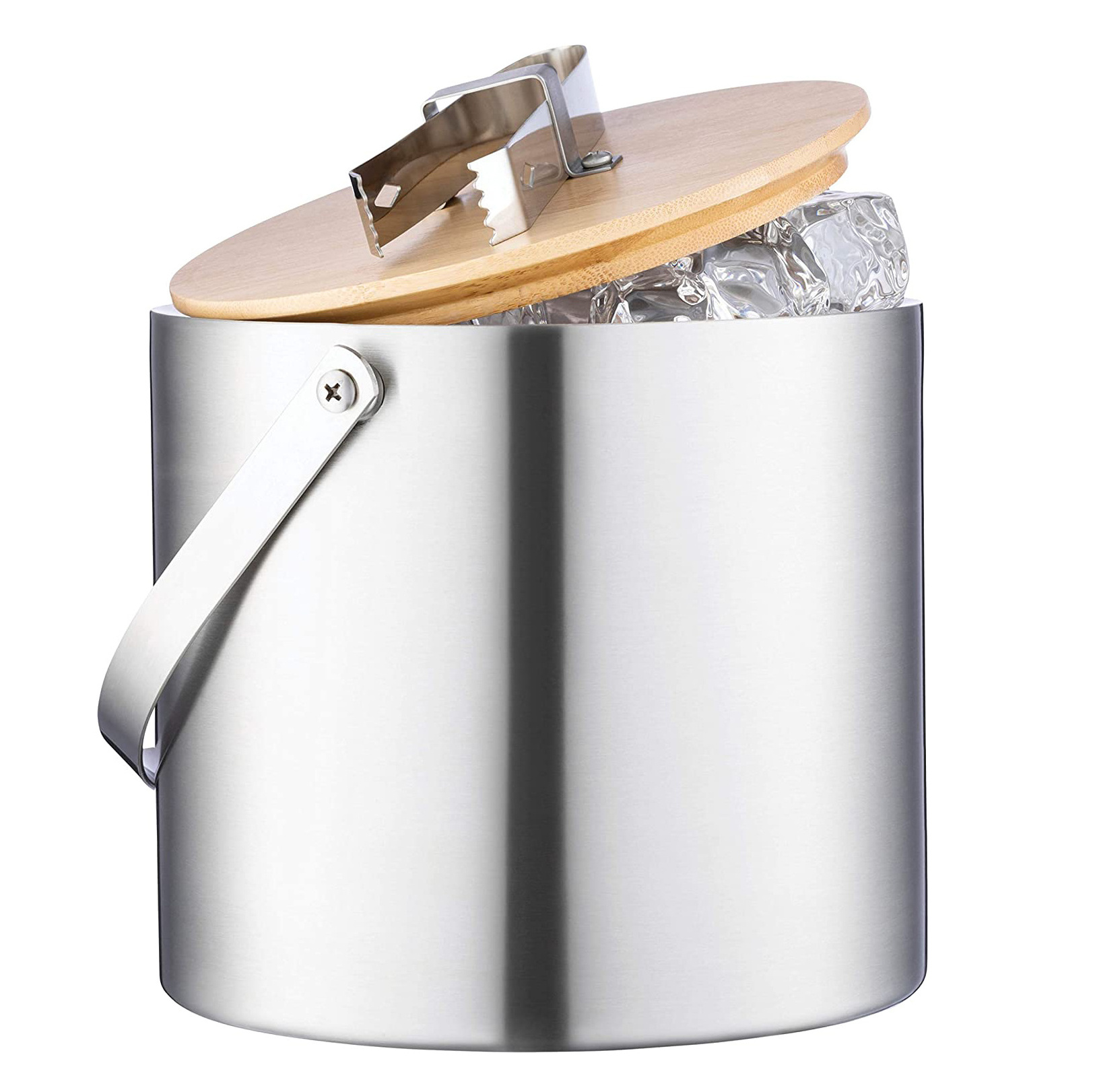 Custom Double Wall 3L Stainless Steel Insulated Ice Bucket With Bamboo Lid and Ice Tongs