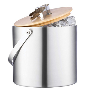 Custom Double Wall 3L Stainless Steel Insulated Ice Bucket With Bamboo Lid and Ice Tongs