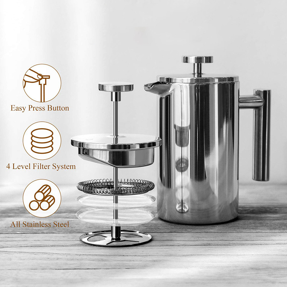 Custom Double Wall Stainless Steel 350ml 1000ml French Press Coffee Maker