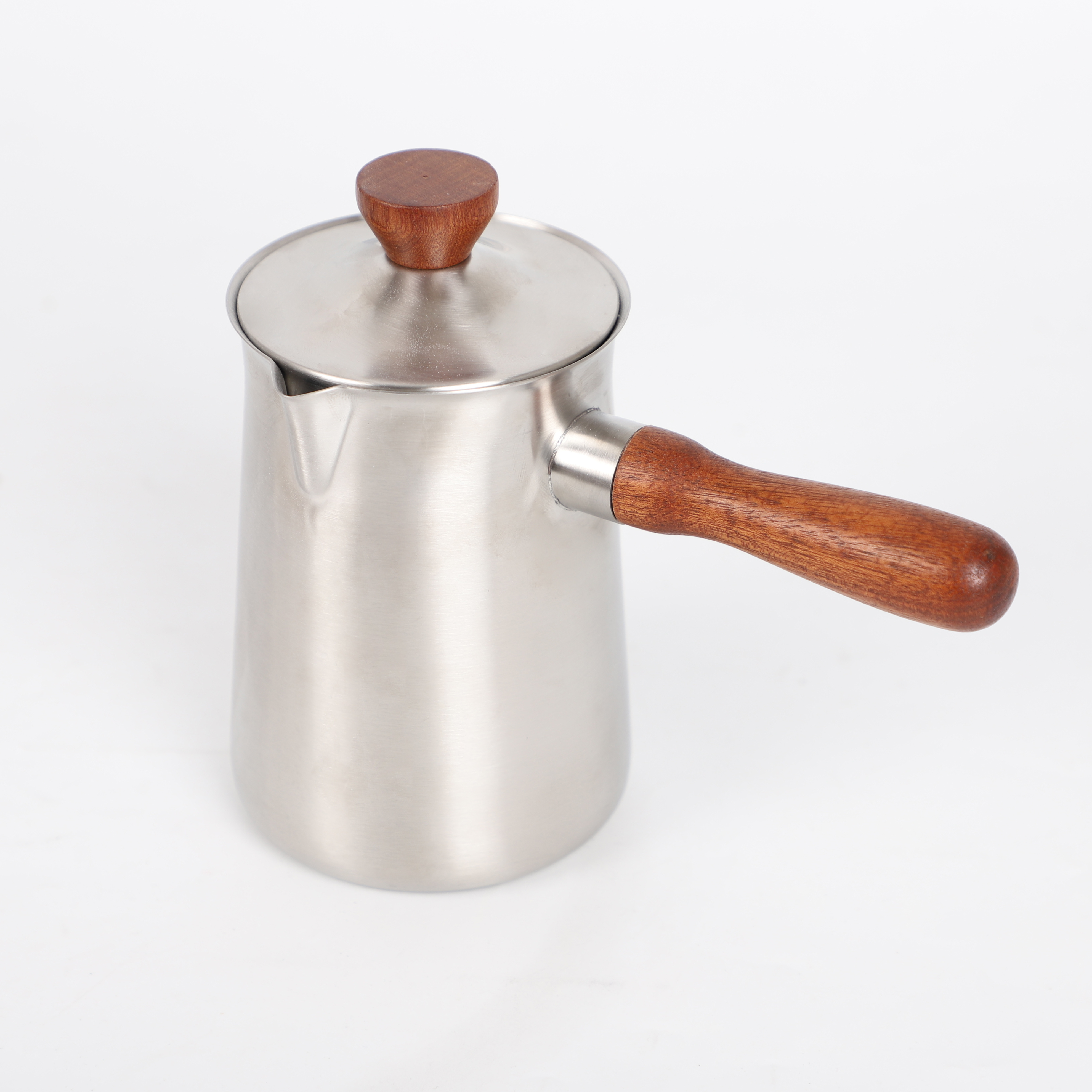 Customize Elegant Design Portable Milk Heater Melting Stainless Steel Turkish Coffee Pot Warmer with Wooden Handle