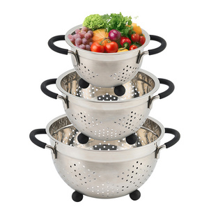 Fruit Vegetable Kitchen Strainer Colanders Set Stainless Steel Drain Wash Storage Drain Basket with Silicone Handle & Feet