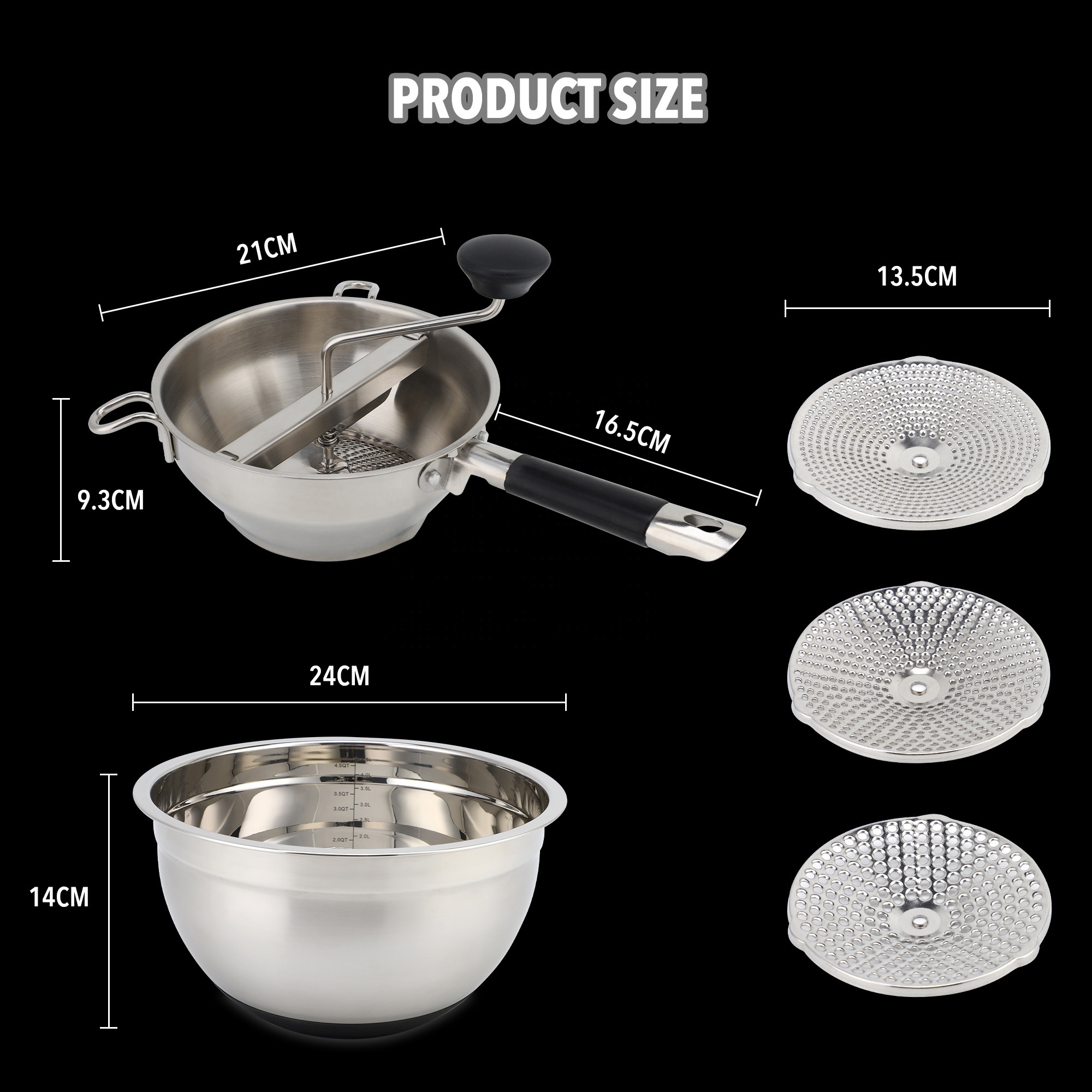 Rotary Stainless Steel Food Mill Strainer and Stainless-Steel Mixing Bowl Sets Potato Masher Grinder Vegetable Mill Salad bowls