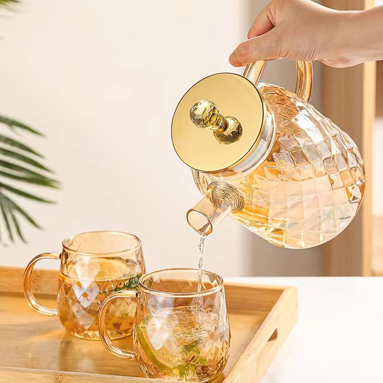 Custom 1400ml 1800ml Extra Large Carafe Tea Kettle Loose Leaf Tea Maker Glass Teapot With Stainless Steel Gold Lid