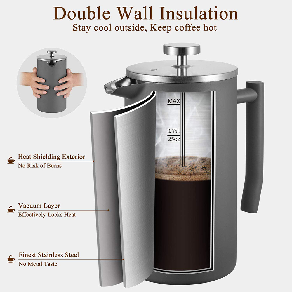 1000ml Factory Black Painting Food Grade Stainless Steel Double Wall Copper Coffee Maker French Coffee Press