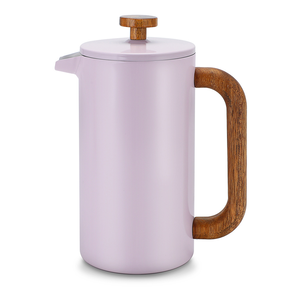 Colorful Insulated Double Wall Coffee Pot Black Coffee Maker 800ml 1000ml Stainless Steel French Press With Wooden Handle