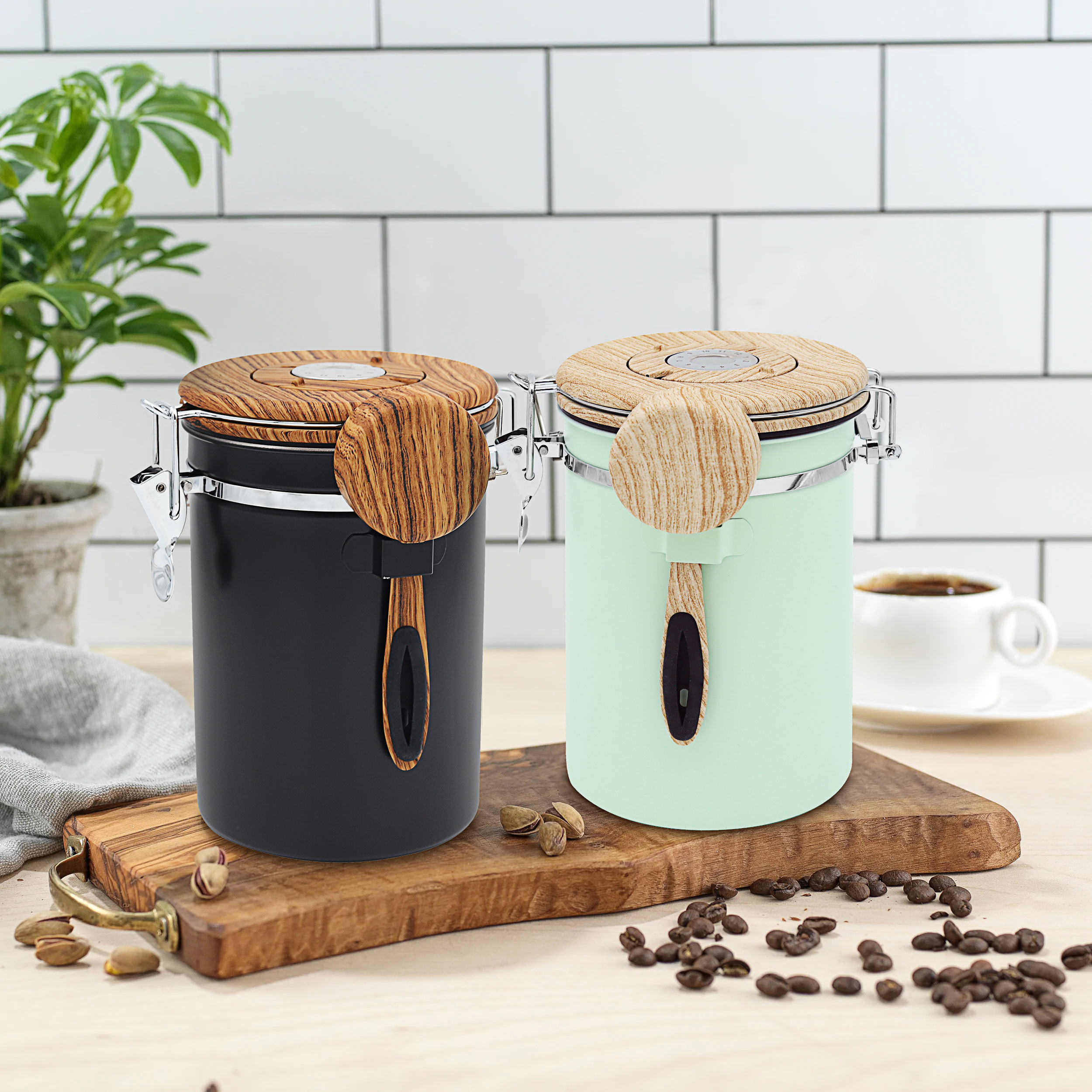 Airtight Stainless Steel Black Coffee Canister with Co2 Valve Coffee Bean Storage Containers with Scoop