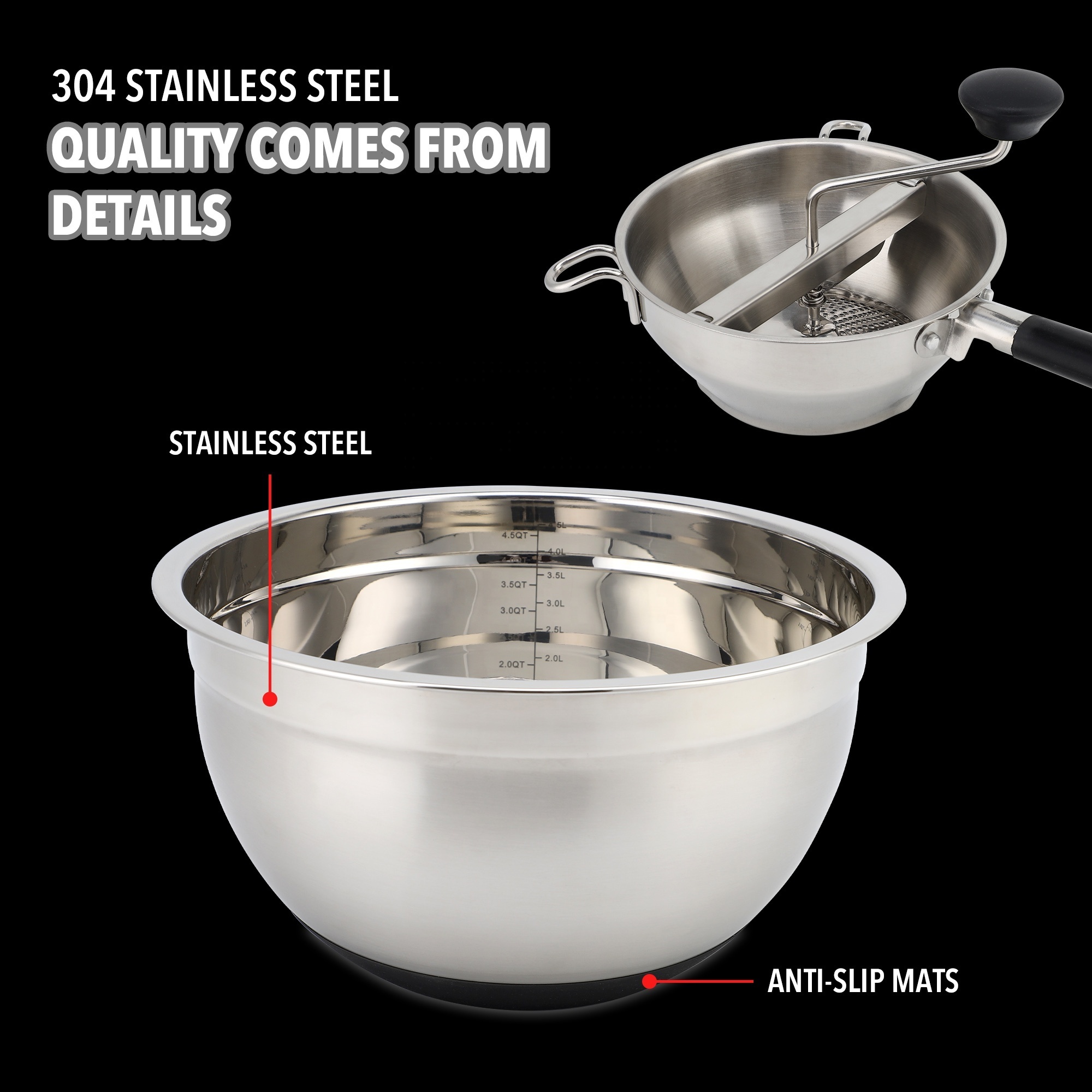 Rotary Stainless Steel Food Mill Strainer and Stainless-Steel Mixing Bowl Sets Potato Masher Grinder Vegetable Mill Salad bowls