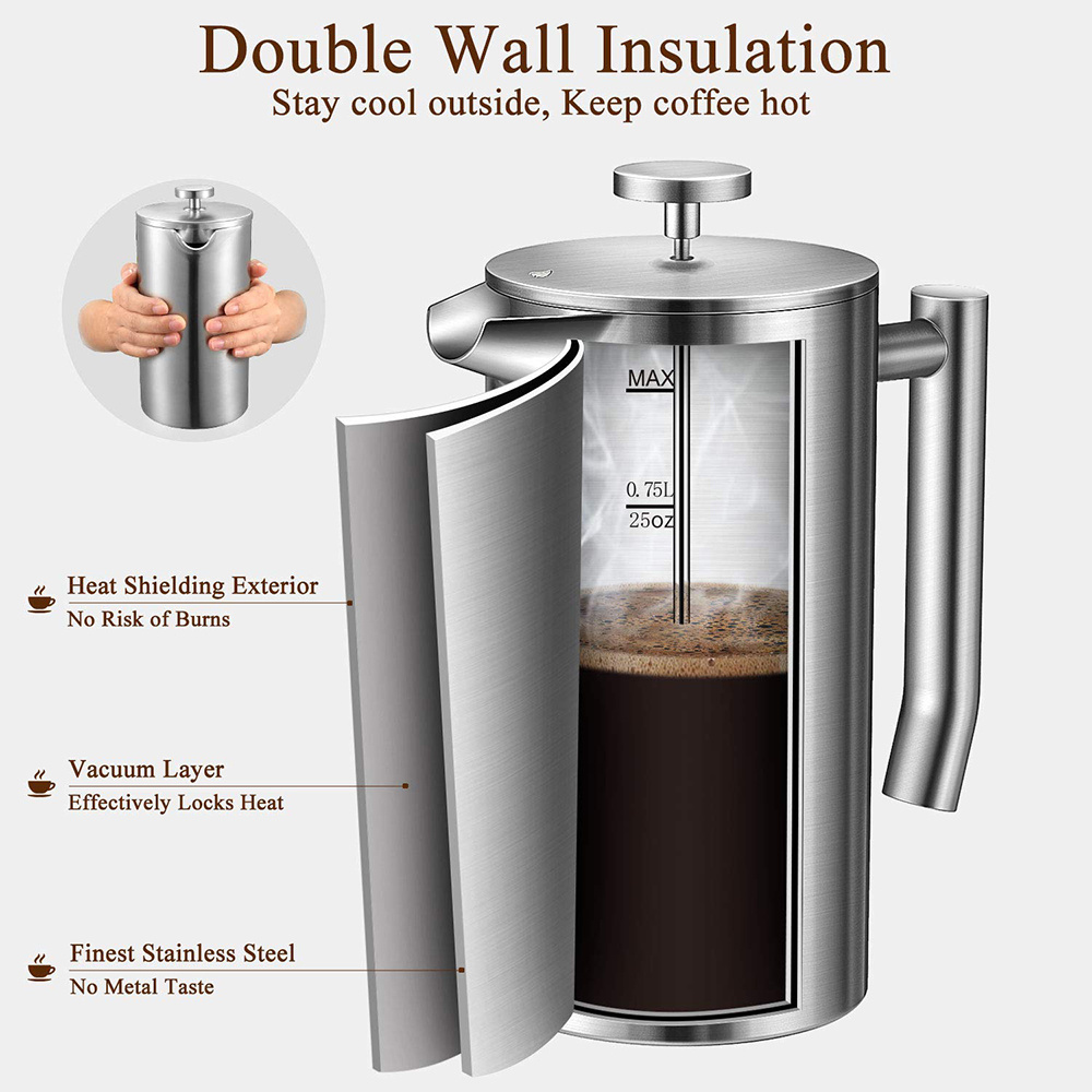 Double Wall Insulated Coffee Tea Maker 1000ml 34oz Stainless Steel French Press Coffee Maker