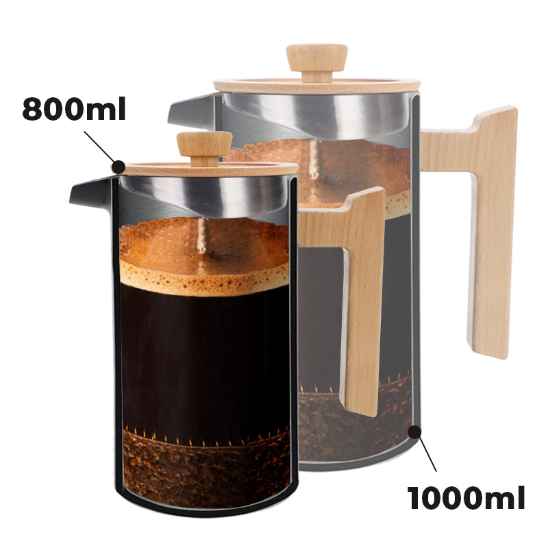 800ml 1000ml Insulated Double Wall Coffee Pot Black Coffee Maker Stainless Steel French Press With Wooden Handle