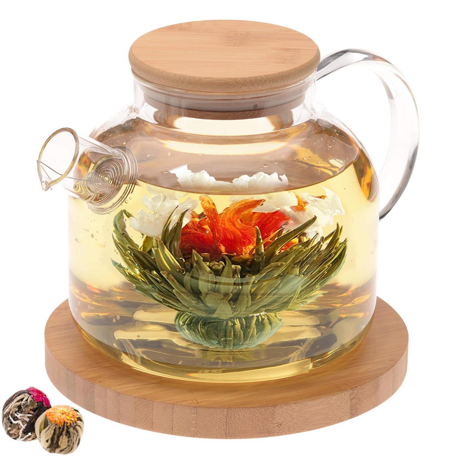 Custom 1400ml 1800ml Extra Large Carafe Tea Kettle Loose Leaf Tea Maker Glass Teapot With Wood Lid