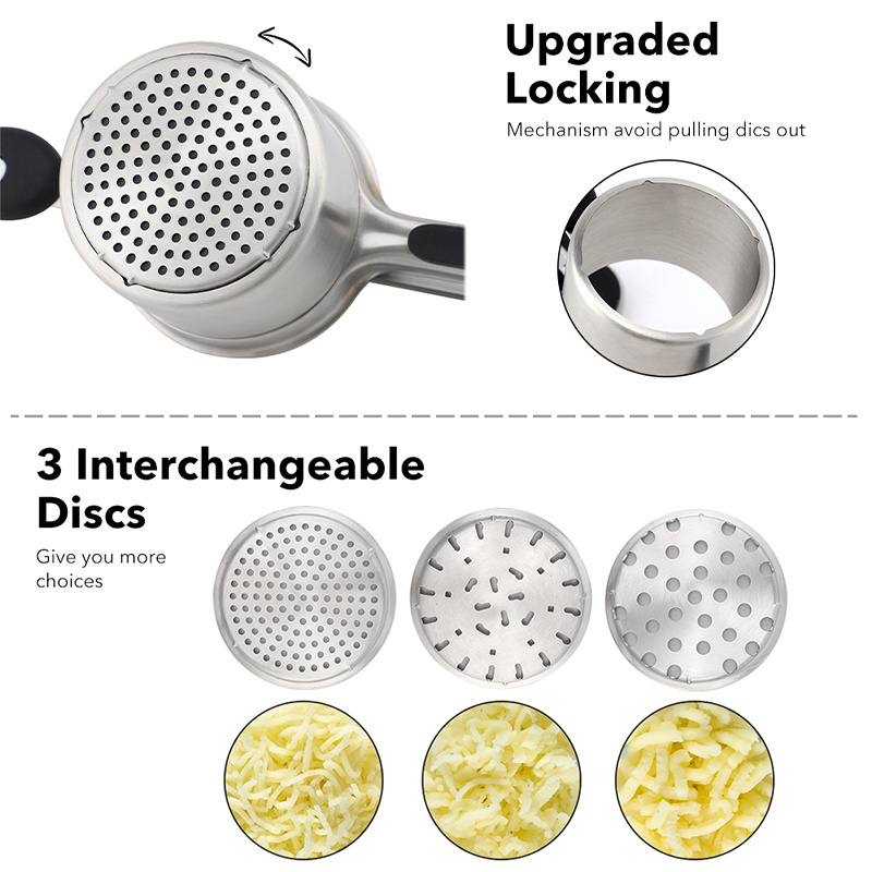 New Design Kitchen grater Potato Ricer With 3 Interchangeable Discs Stainless Steel Creates Smooth Masher