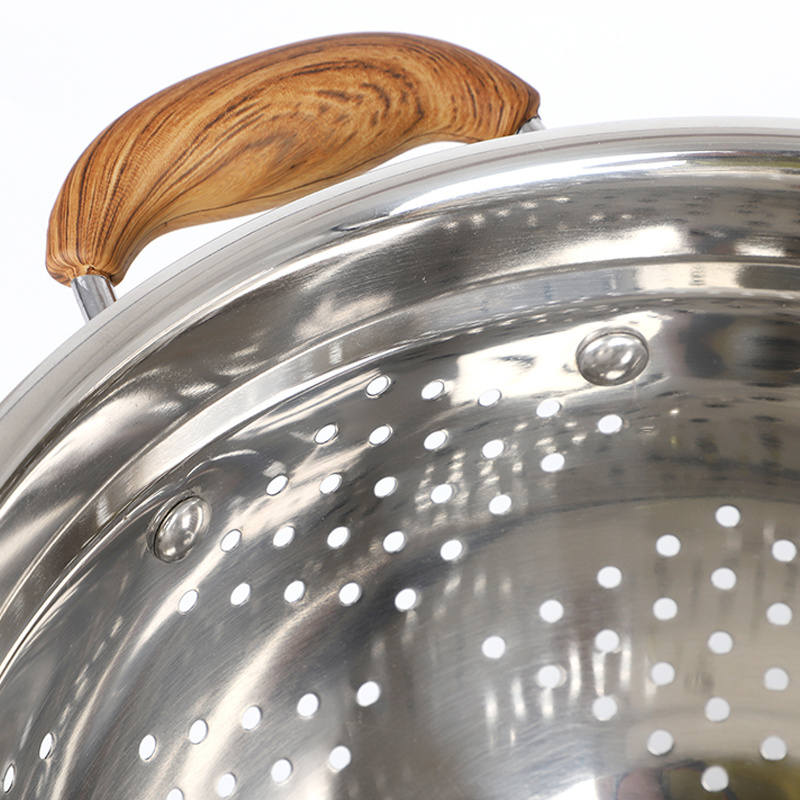 Fruit Vegetable Basket Stainless Steel Washing Colander Strainer With Wooden Handle