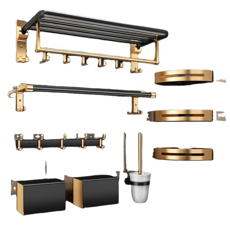 High Quality Aluminum Bathroom Hardware Set Matt Black With Gold Modern 6PCS For Hotel Bathroom Hardware