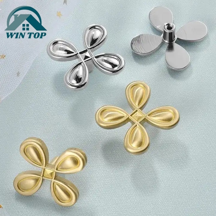 Win Top Four Leaf Clover Brass Pull Handles Flower Brass Cabinet Knobs Golden Copper Drawer Handles