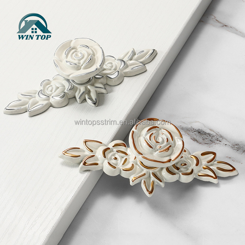 Win Top Antique Euro Rose Cabinet Knobs with Back plate Vintage Kitchen Zinc Alloy Flower Drawer Pull Handles Dresser Cupboard