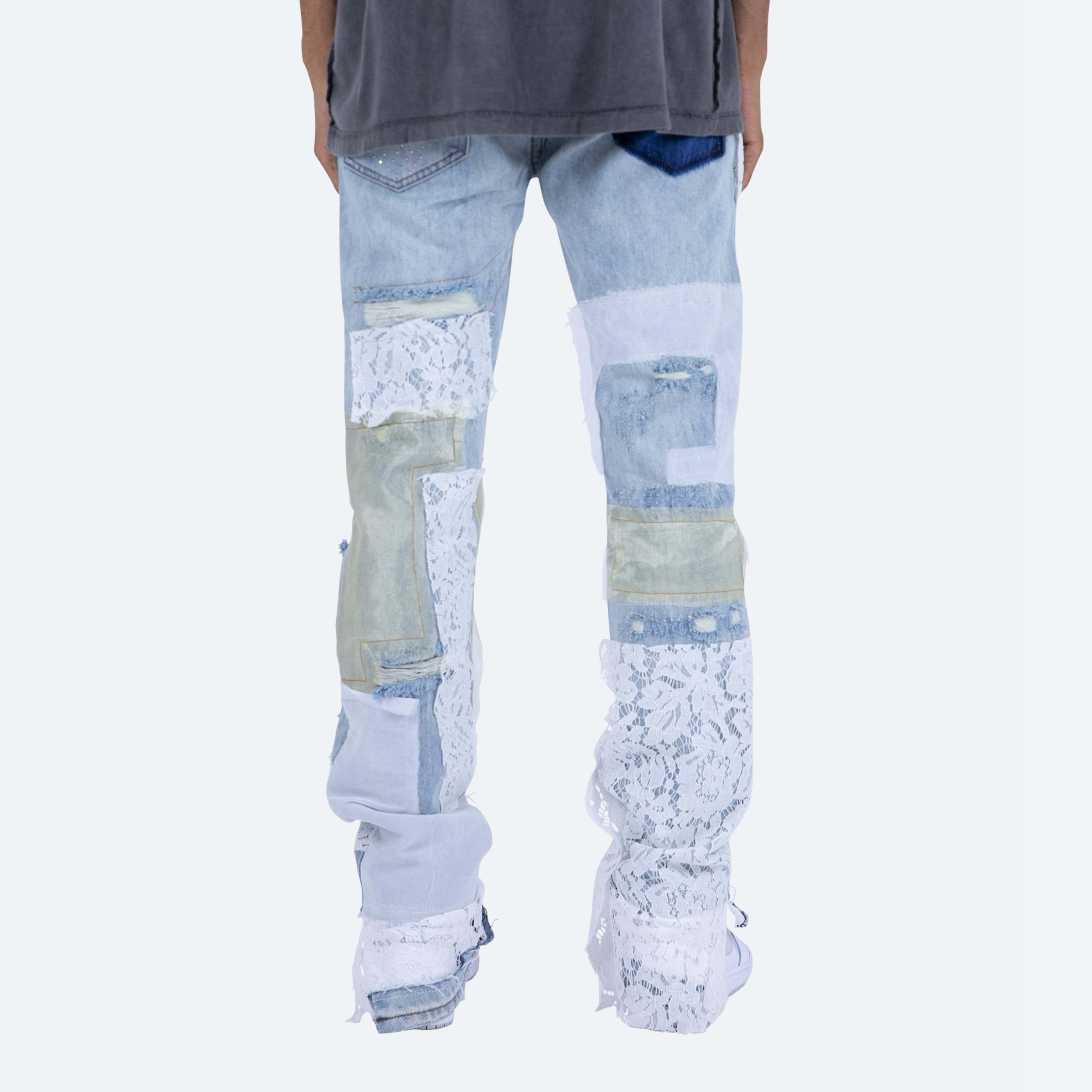 Custom Designers Men's stacked distressing and repairs throughout lace patches rhinestone flare leg opening Denim Jeans