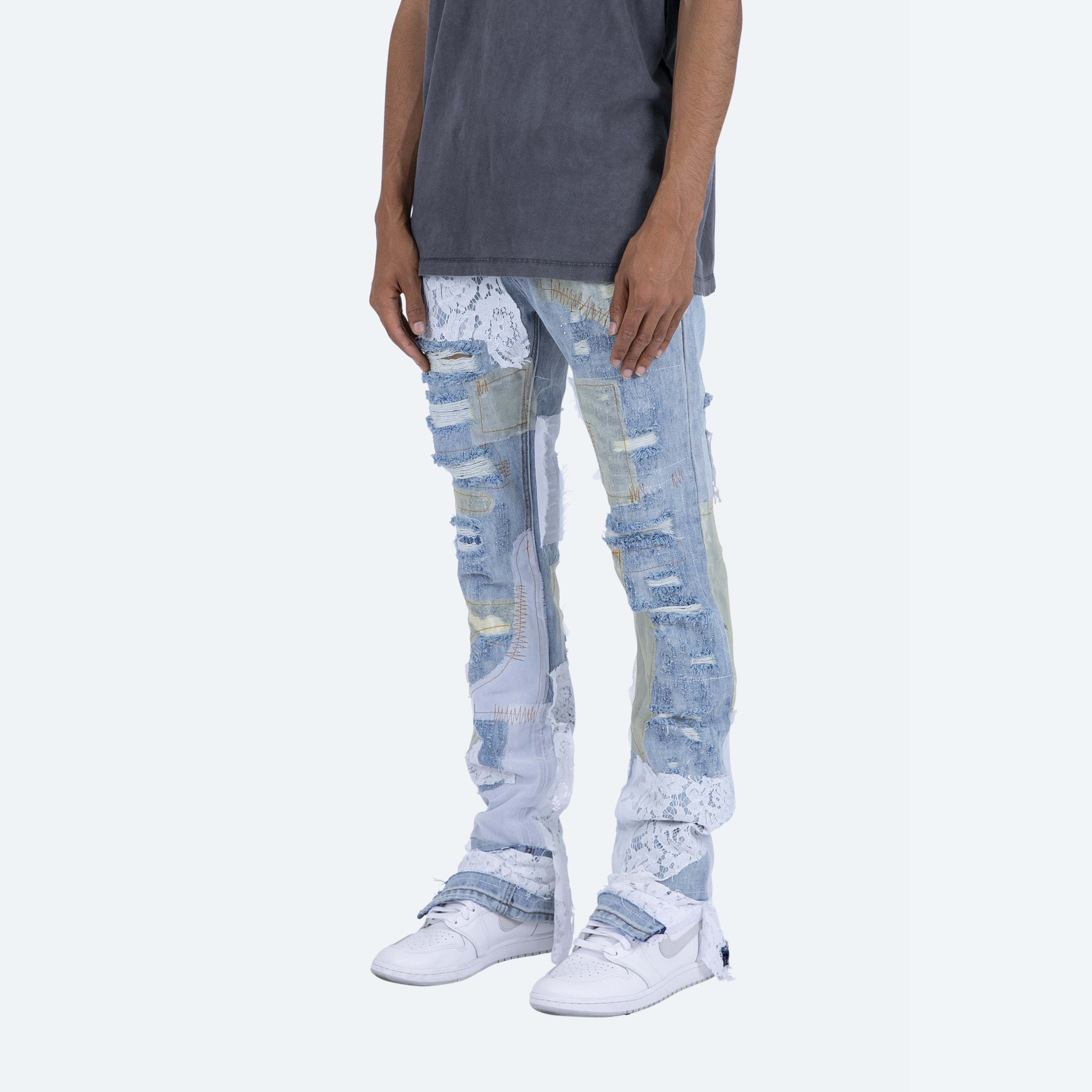 Custom Designers Men's stacked distressing and repairs throughout lace patches rhinestone flare leg opening Denim Jeans