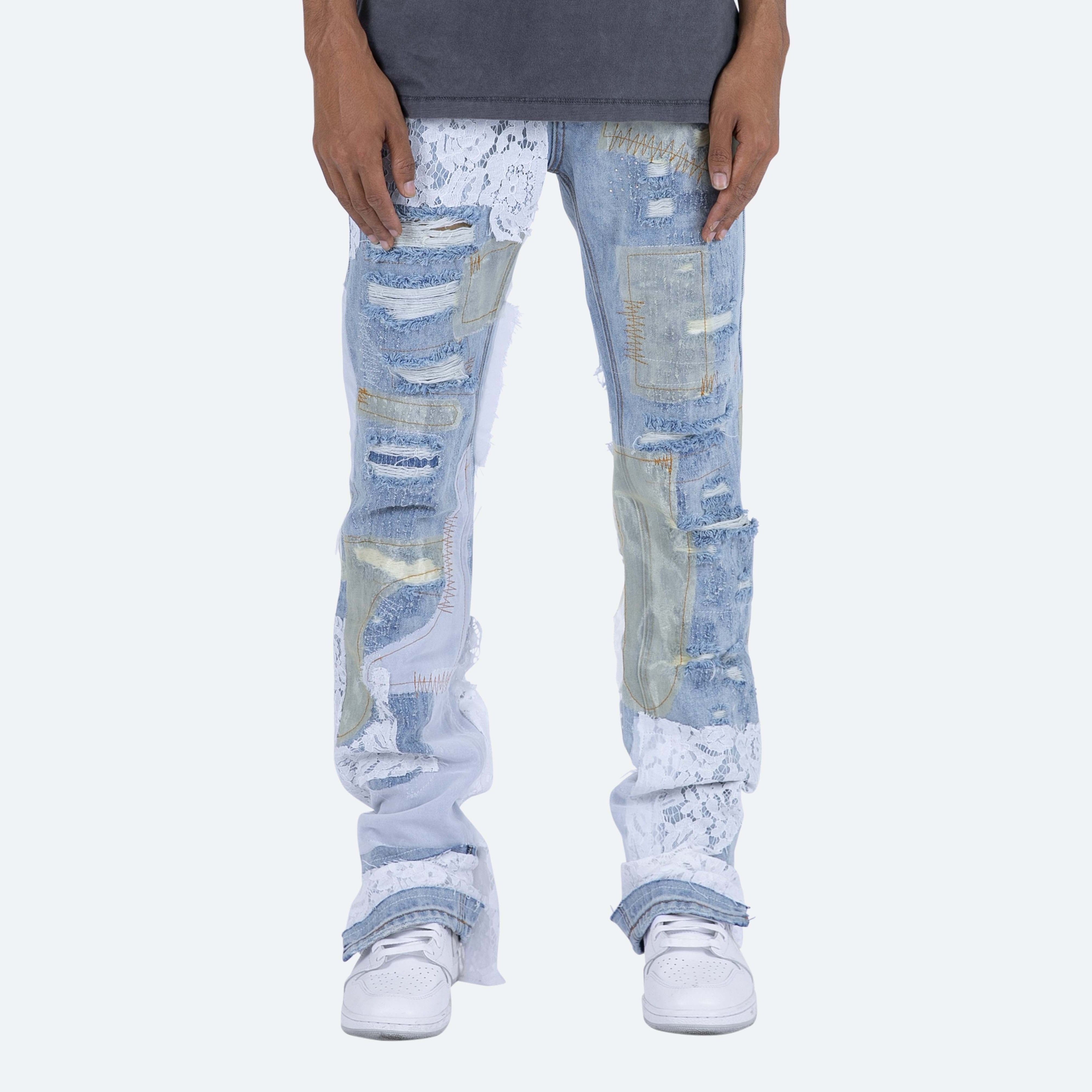 Custom Designers Men's stacked distressing and repairs throughout lace patches rhinestone flare leg opening Denim Jeans