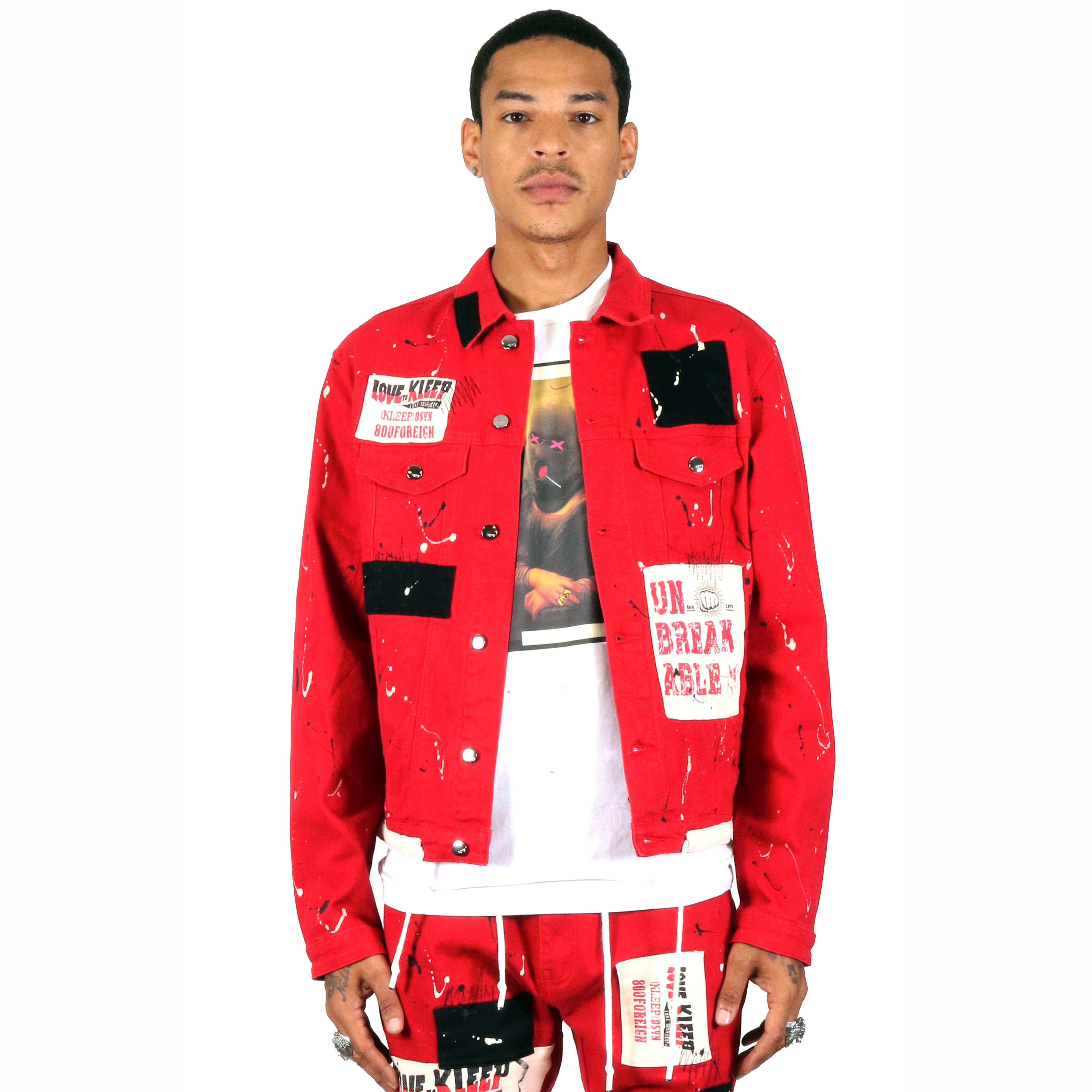 AeeDenim custom Men's premium Red washed denim jacket Multiple print patch and denim trims premium twill jacket for men