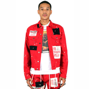 AeeDenim custom Men's premium Red washed denim jacket Multiple print patch and denim trims premium twill jacket for men