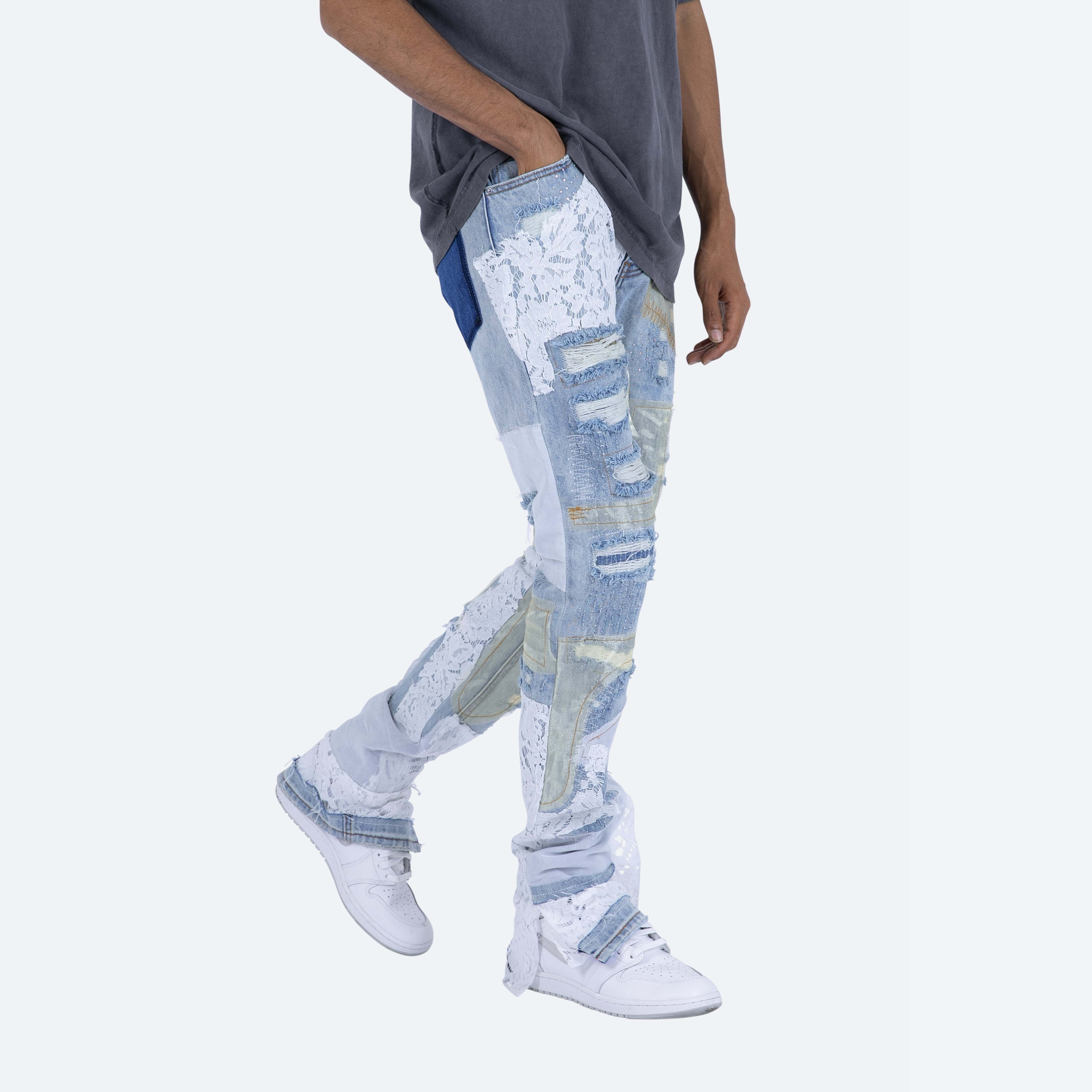 Custom Designers Men's stacked distressing and repairs throughout lace patches rhinestone flare leg opening Denim Jeans