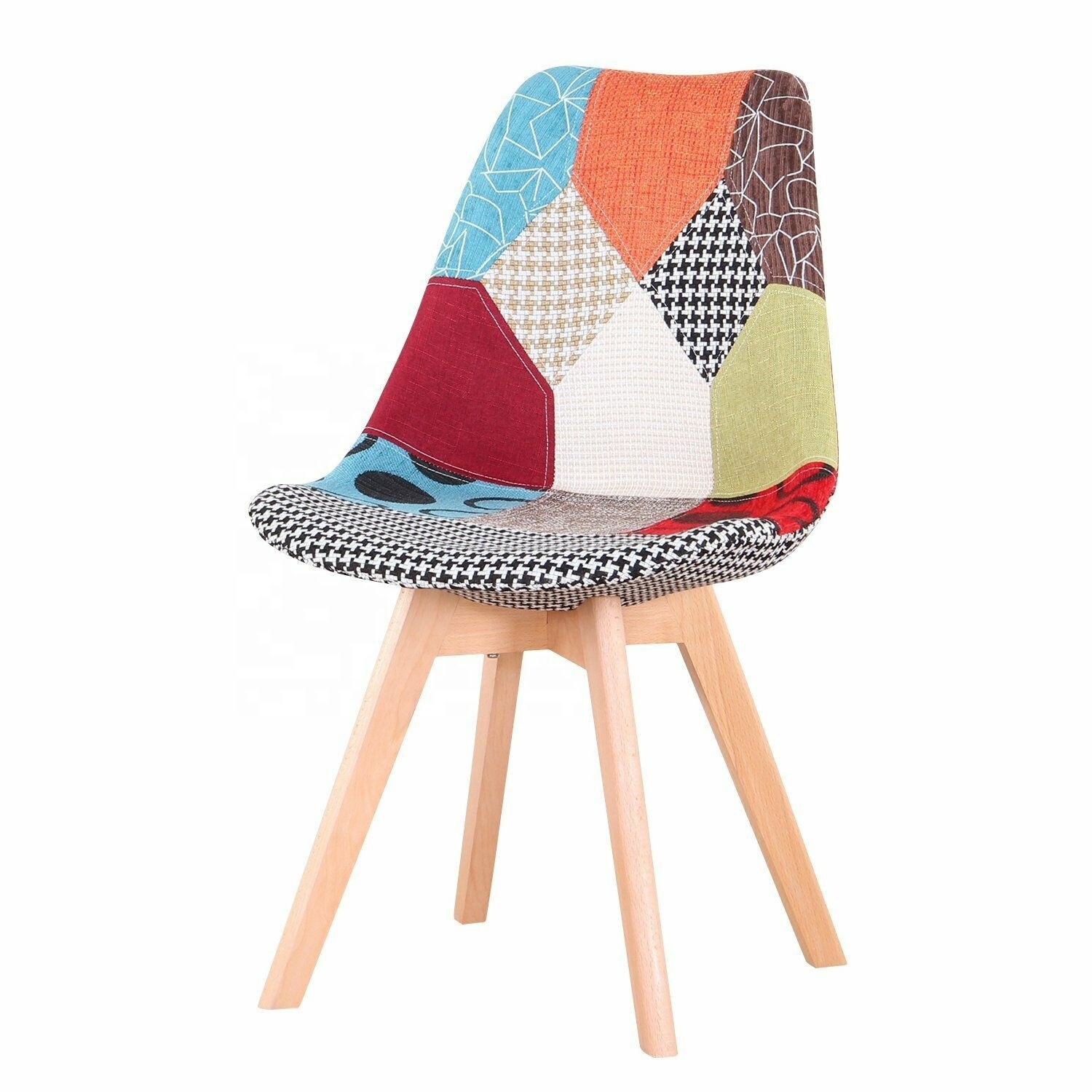 Modern Patchwork Dining Chairs Fabric Upholstered Side Chair with Solid Wood Base