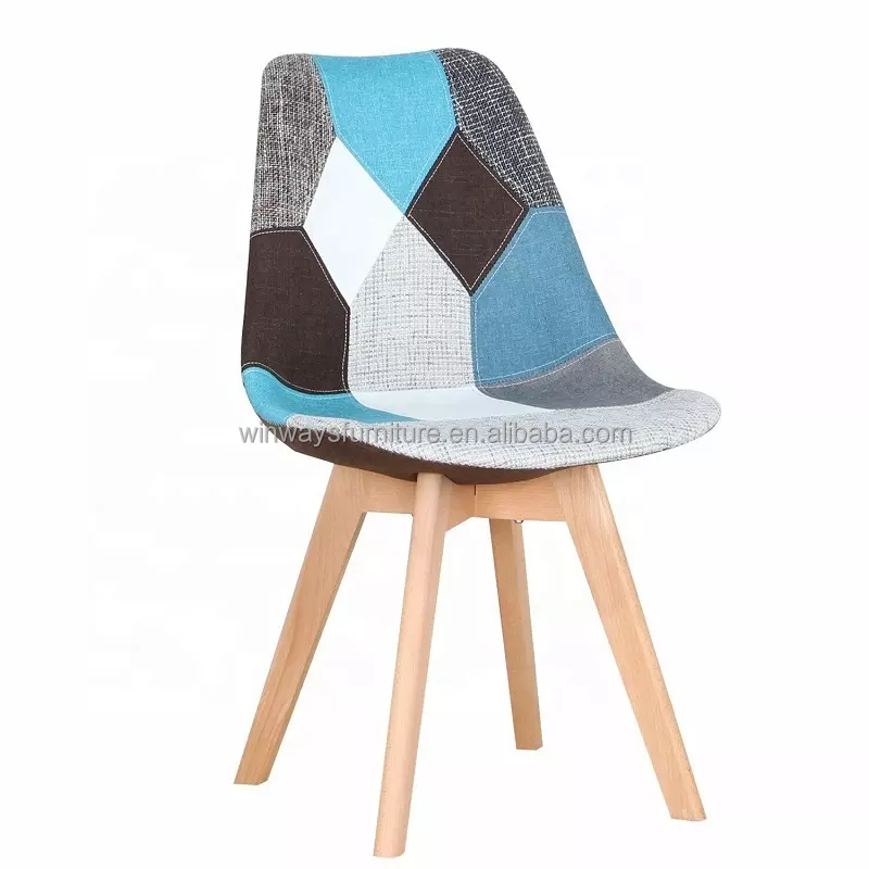 Modern Patchwork Dining Chairs Fabric Upholstered Side Chair with Solid Wood Base