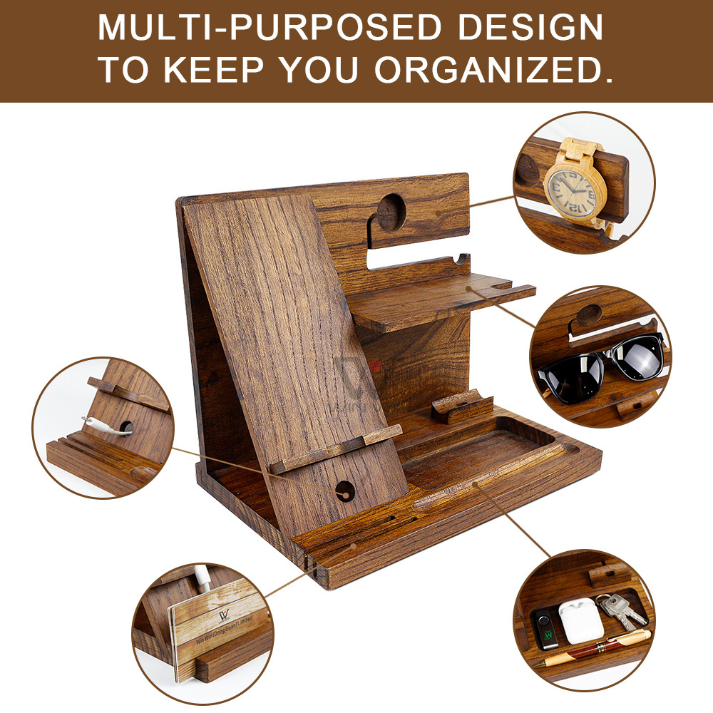 Multifunctional Wooden Mobile Phone Docking Station Wooden Key Holder Wallet Stand Organizer Father Birthday Gifts