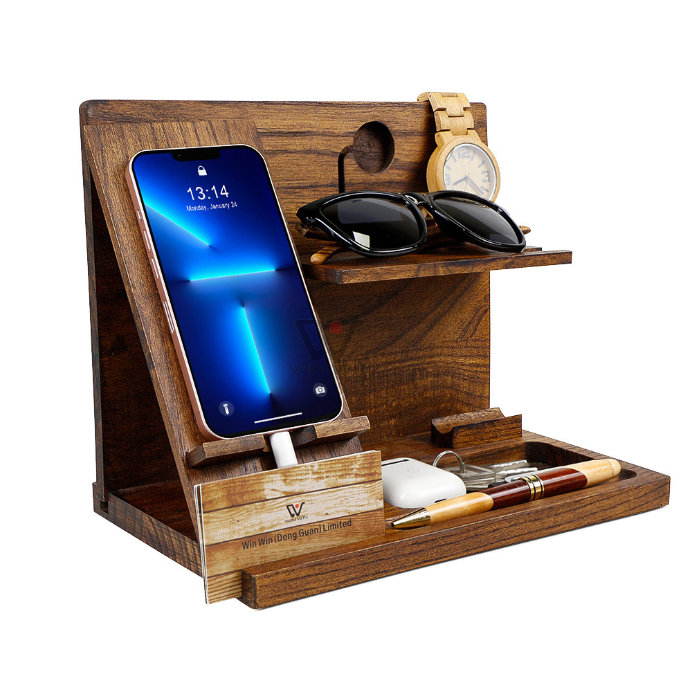 Multifunctional Wooden Mobile Phone Docking Station Wooden Key Holder Wallet Stand Organizer Father Birthday Gifts