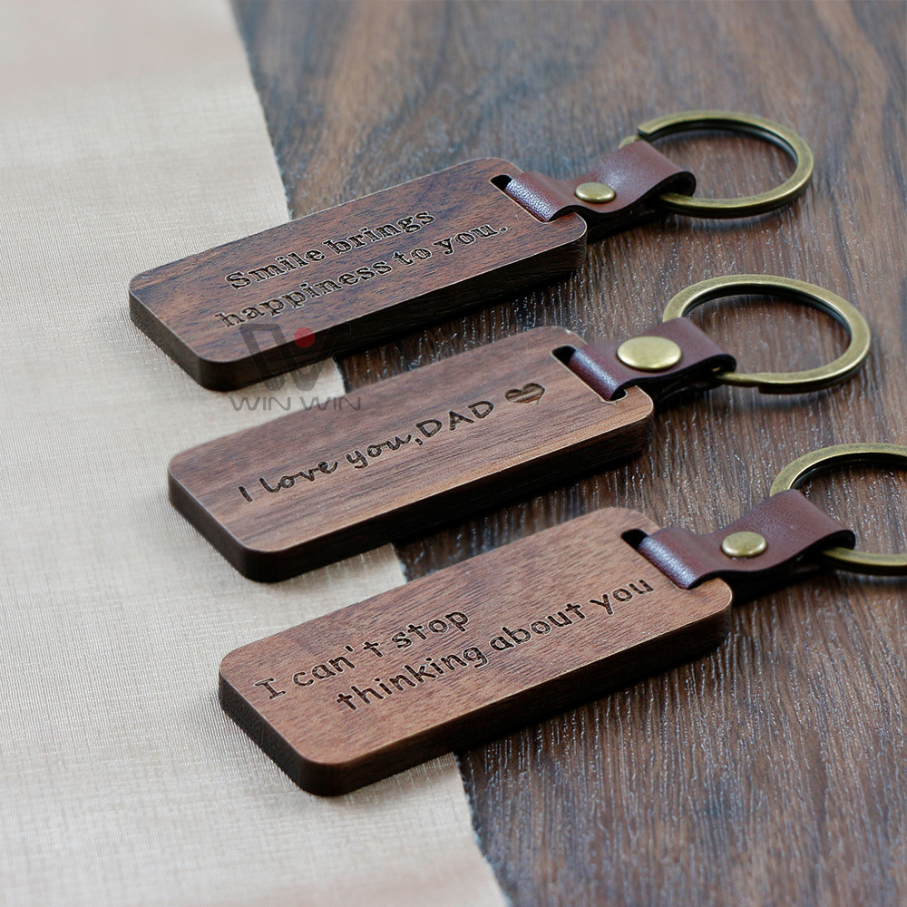 Wholesale Wood Laser Blanks Key Ring Tag Keyring Engraving Custom Leather Key Chain Wooden Keychain For Business Gift