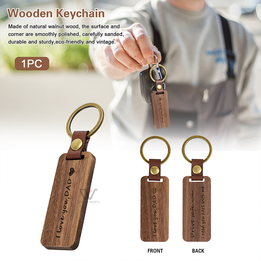 Wholesale Wood Laser Blanks Key Ring Tag Keyring Engraving Custom Leather Key Chain Wooden Keychain For Business Gift