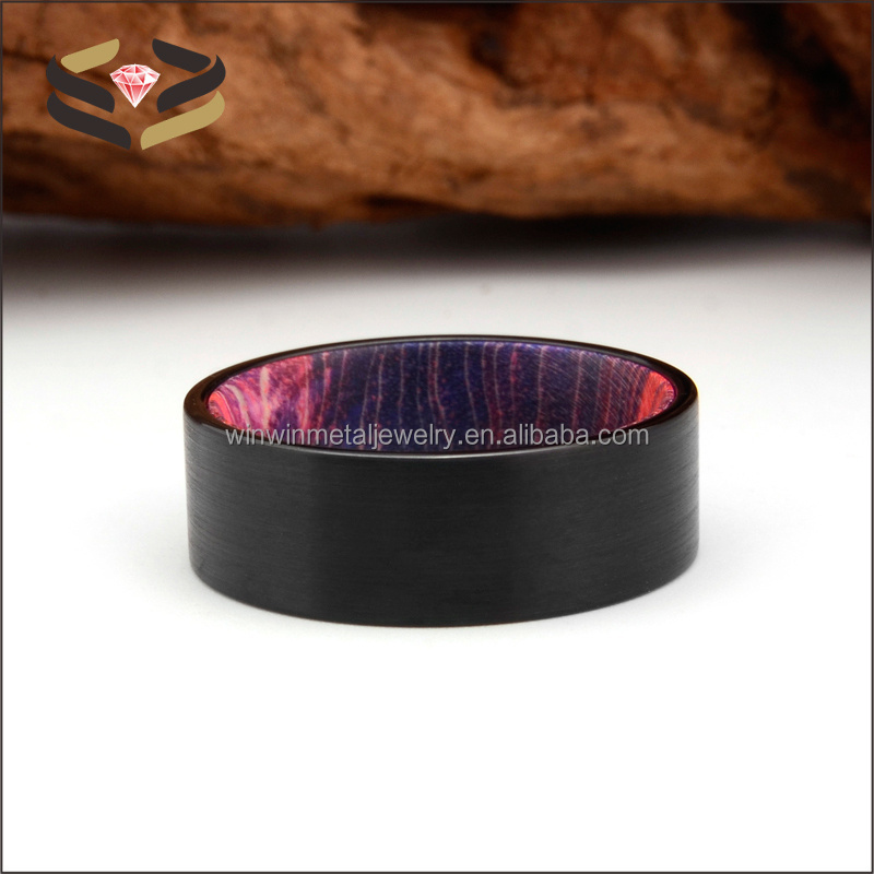 8mm Brushed Black Tungsten Ring with Red Purple Box Elder Liner Men's Wedding Band Flat Edges Comfort Fit