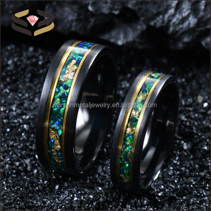 6mm 8mm Black Tungsten Ring Green Emerald Malachite Gold Leaf Inlay Gold line Flat Wedding Band for Men Women