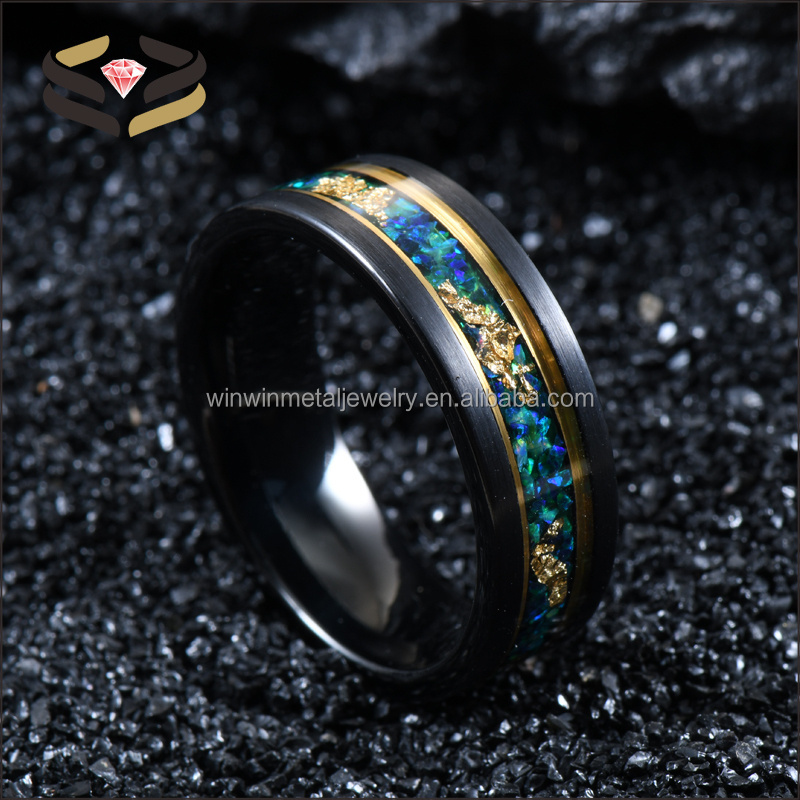 6mm 8mm Black Tungsten Ring Green Emerald Malachite Gold Leaf Inlay Gold line Flat Wedding Band for Men Women