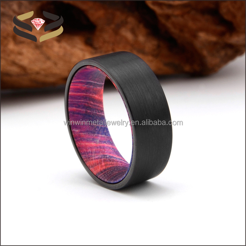 8mm Brushed Black Tungsten Ring with Red Purple Box Elder Liner Men's Wedding Band Flat Edges Comfort Fit