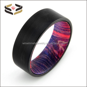 8mm Brushed Black Tungsten Ring with Red Purple Box Elder Liner Men's Wedding Band Flat Edges Comfort Fit