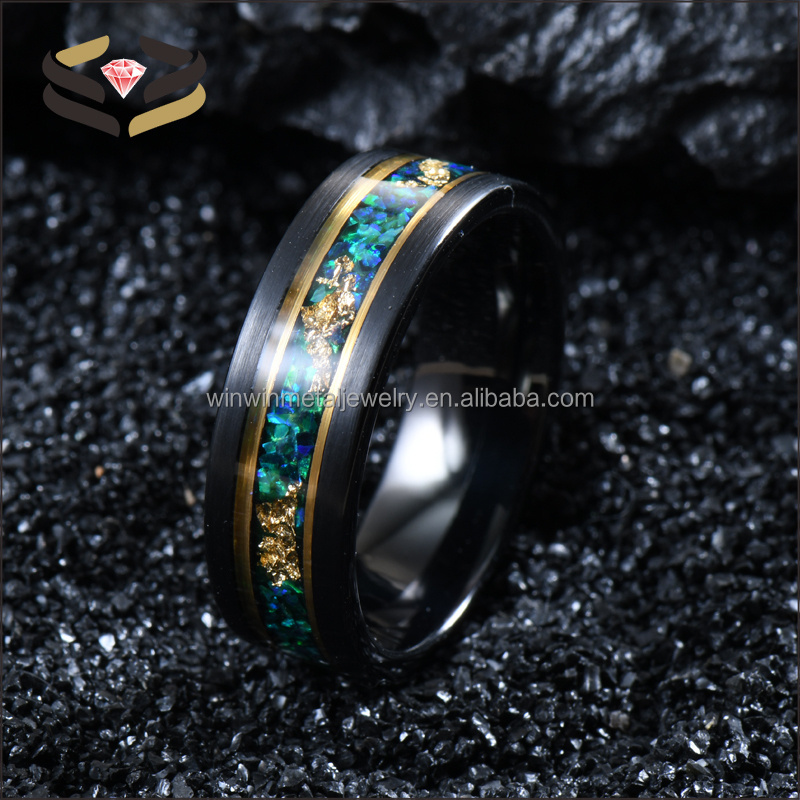 6mm 8mm Black Tungsten Ring Green Emerald Malachite Gold Leaf Inlay Gold line Flat Wedding Band for Men Women